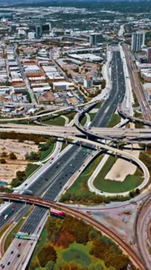 Busy highway interchange in Dallas, USA from an aerial perspective