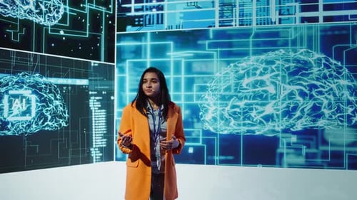 Woman Uses Microphone to Talk at AI Convention with Business Investors