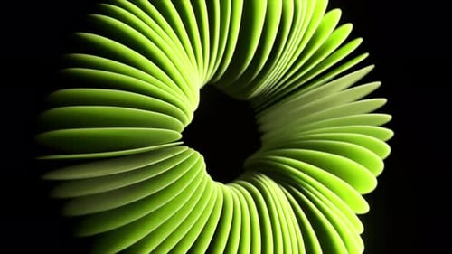 Futuristischer hellgrüner Torus aus dünnen Scheiben, die sich in einer nahtlosen Schleife gegen einen drehen und drehen