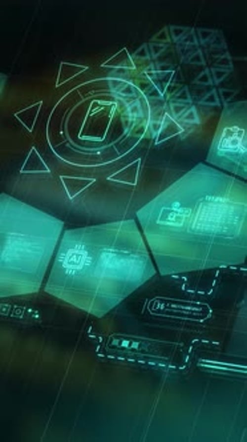 Animated 3D Data Graphics Infographic with Code Fragments