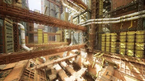 Vivid Light Bursts Accentuate Rusted Structural Beams in Factories