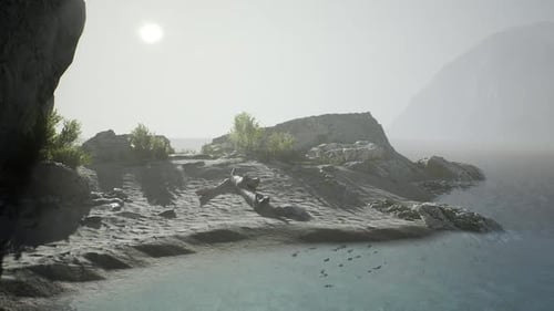 Tranquil Coastal Landscape in Indonesia Featuring Serene Waters and Rocky Shore