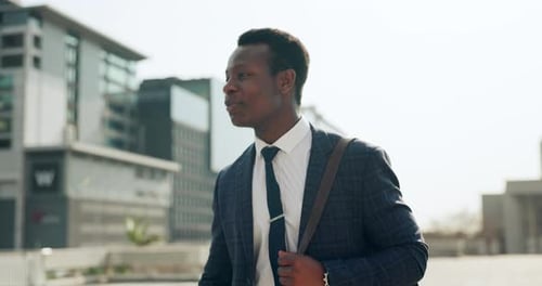 Businessman, walking and hello to colleague in city for wave or greet coworker outdoor