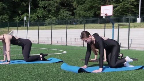 Women doing leg raises on exercise mats