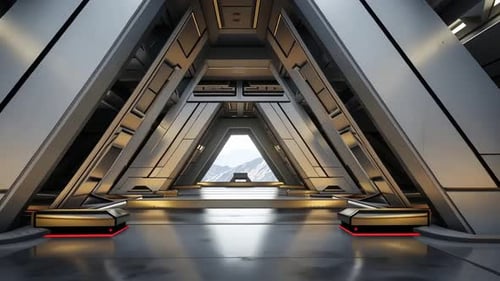 Futuristic, triangular, spacious interior. A modern, metallic, architectural hall