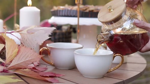 Cozy autumn picnic in the park. Close up of unrecognisable woman pouring hot tea from glass kettle