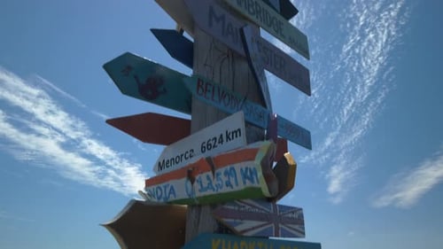 A jib upwards showing hand painted direction signs mounted on a tall wooden post