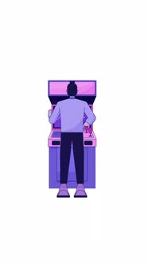 Back view caucasian gamer at arcade machine 2D character vertical animation