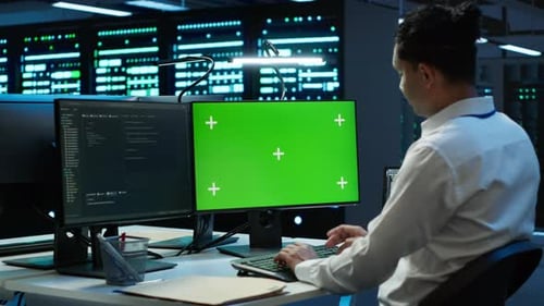 IT Expert in Server Room Tracking Network Traffic with Chroma Key PC