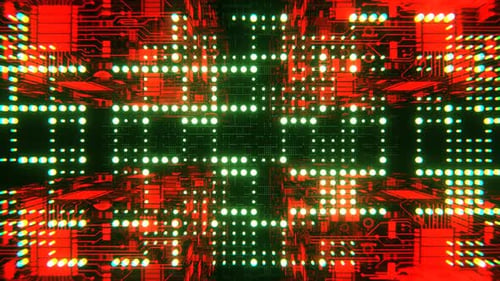 Red And Green Cybernetic Chip Cube And Dots Flythrough Background Vj Loop I 4K