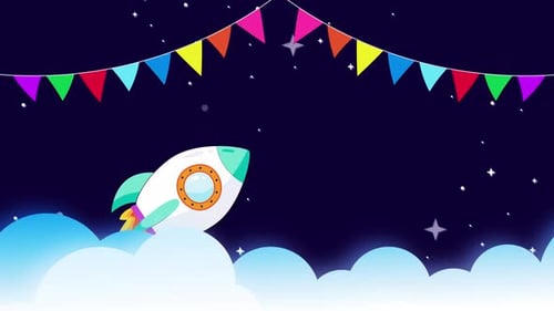 Cartoon Rocket Flying through Starry Space with Party Bunting Animation