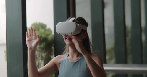 Portrait Attractive Girl Wearing Virtual Reality Headset at School Lesson Cheerful Schoolgirl