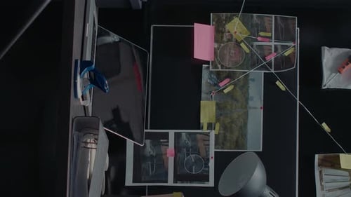 Salle de preuves vidéo verticale avec tableau de détective et bureau