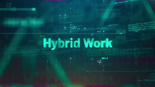 Palabra de trabajo híbrida sobre un fondo futurista de alta tecnología