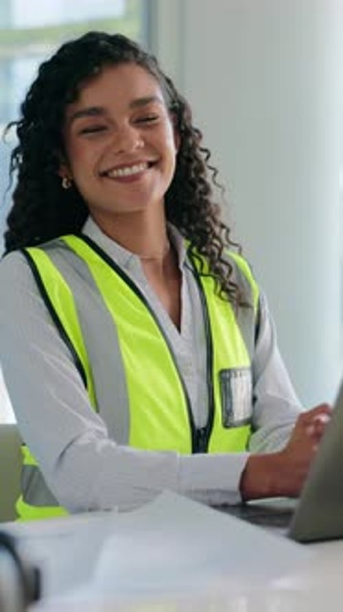 Architect, face and woman with laptop for smile, floorplan and building renovation or design