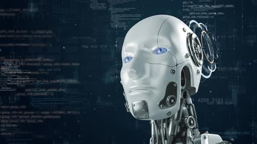 Robot head logo and circle futuristic HUD with Ai chatbot and machine learning technology