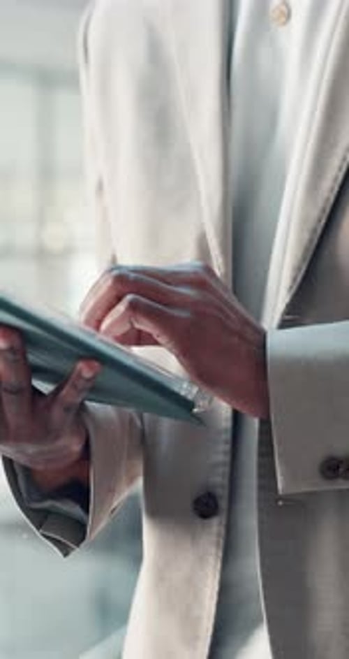 Creative, office and hands with tablet, typing or journalist with article on web
