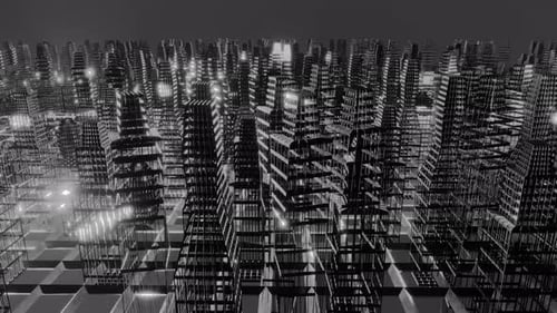 Cyberpunk City Abstract Seamless Loop Background Wireframe Buildings Black and White Retro Neon