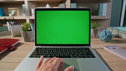 Online Customer Shopping Chroma Key Laptop at Apartment Workplace Closeup