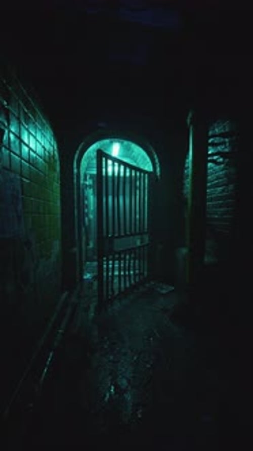 Dark Tunnel With Barred Iron Gate