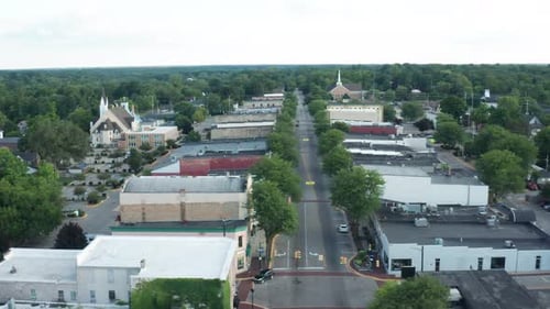 Greenville, Michigan skyline with drone video moving forward.
