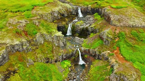 Waterfalls in Mountains Beautiful Aerial View From Iceland In The Summer Season