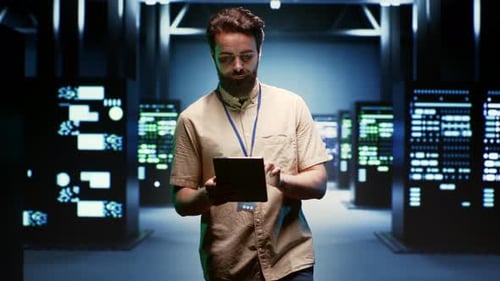 Man with Tablet in Futuristic Server Room