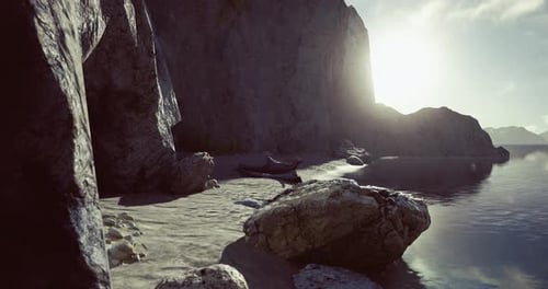 Serene Coastal View with Rocks and Boats During Sunrise Near Cliffs