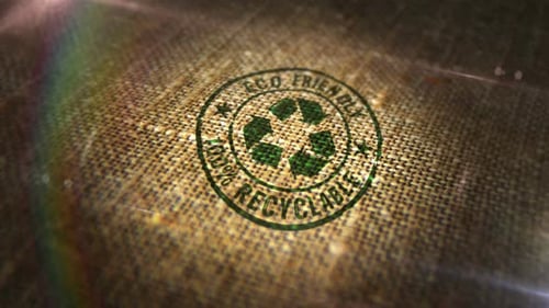 Eco friendly recycling sign stamp on linen sack loop