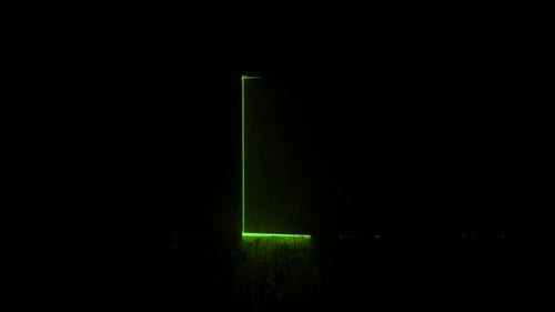 Mysterious green light opening door in dark room
