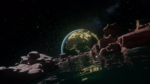 Astronaut auf einem felsigen Alienplaneten blickt nachts auf die glühende Erde zurück