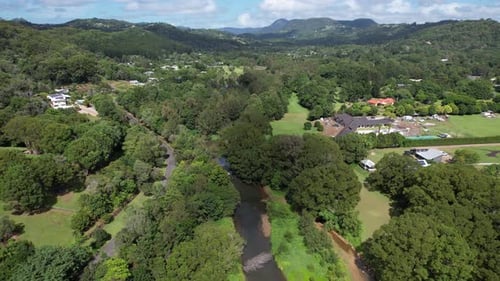 Panorama Of Robert Neumann Park Along Currumbin Creek In Currumbin Valley, QLD Australia. Aerial Sho