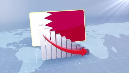 Bahrain Flag With Decrease Bar Chart Graph And Arrow Red