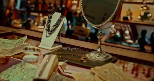 Expensive Jewelry with Precious Stones on Showcase of Shop in 19 Century Closeup View Prores