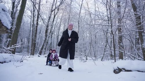 Mom is Sledding Children in a Snowy Forest