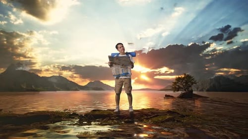 Full Body Of Asian Male Hiker Looking At The Map Then Looking Around At A Lake
