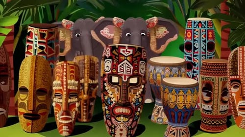Animated African Tribal Ritual Masks and Djembe Drums