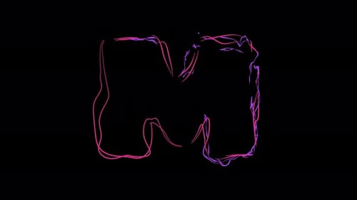 Letter M made of multicolor neon curves and lightnings on alpha. Loop 4k clip.