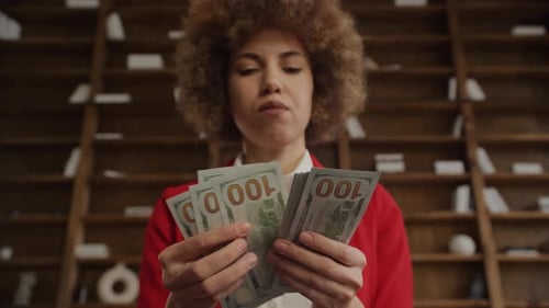 Businesswoman Counting Cash Money Low Angle View