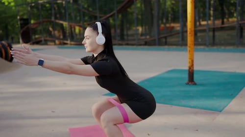 Woman Exercising with Resistance Band Outdoors