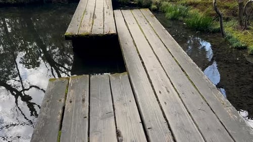 Wooden bridge over the pond at Tenjuan Buddhist Temple, Kyoto Japan.