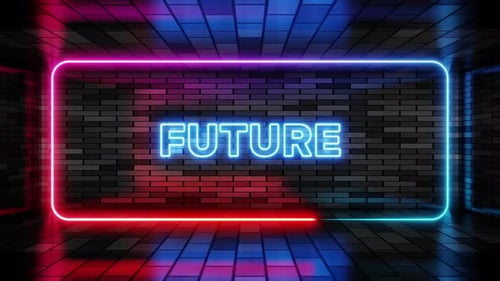 Signe au néon Future dans un cadre à bulles sur fond de mur de briques, rendu 3D. bannière lumineuse sur le mur