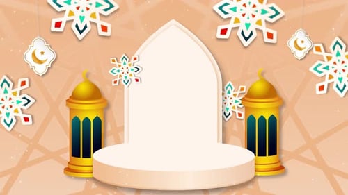 Festive Islamic Podium Reveal with Lanterns and Geometric Decorations