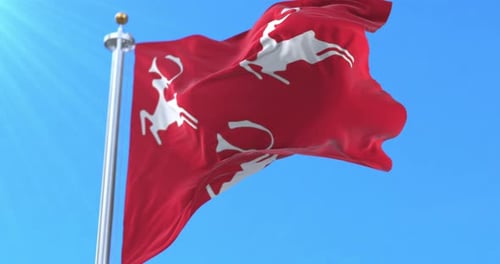 Red Flag with Three White Deer Waving in Blue Sky