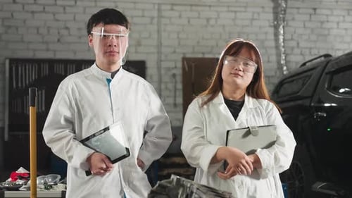 Technicians Smiling While Holding Tablets in Automotive Workshop