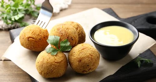 Falafel Balls with Sauce Being Dipped by Fork