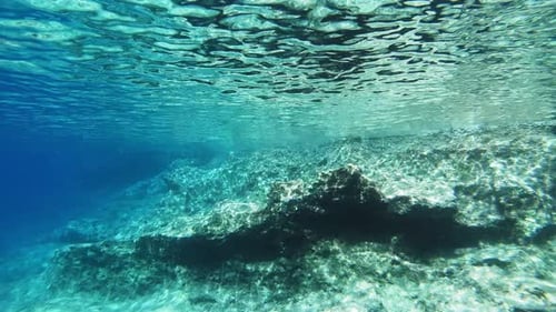 Malerischer Blick auf das Riff des Ionischen Meeres in Kefalonia, Griechenland. Snorkeler's POV. unter Wasser