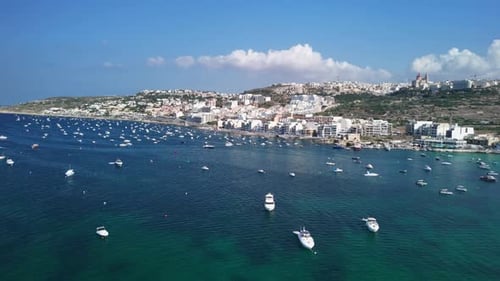 Spectacular Aerial View of Harbor with Boats and Coastal City Panorama