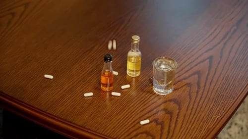 Pills, Alcohol and a Glass of Water on Table