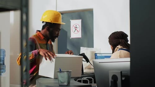 Man Delivers Boxes to Receptionist at Workplace Office